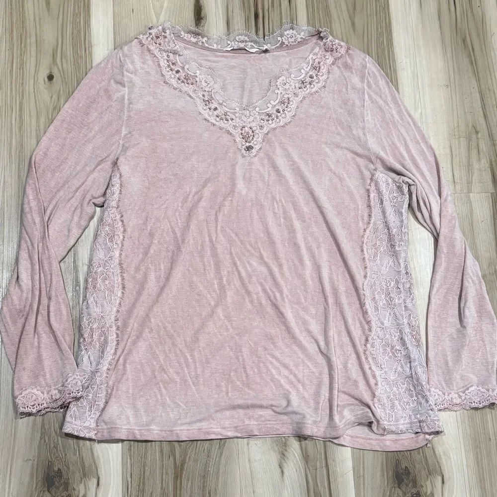 Soft Surroundings Blush Sequin Lace Trim Blouse Top Women’s 1XL XL